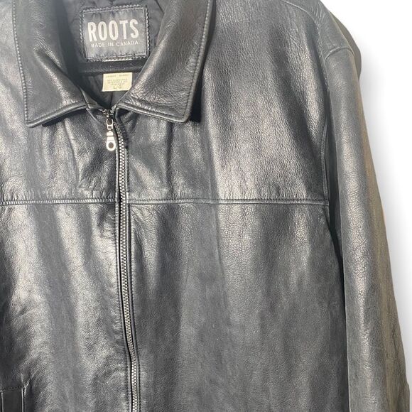 Roots “Richard” Leather Car Coat Vintage Black Treated size L Zip Front Y - Picture 7 of 16